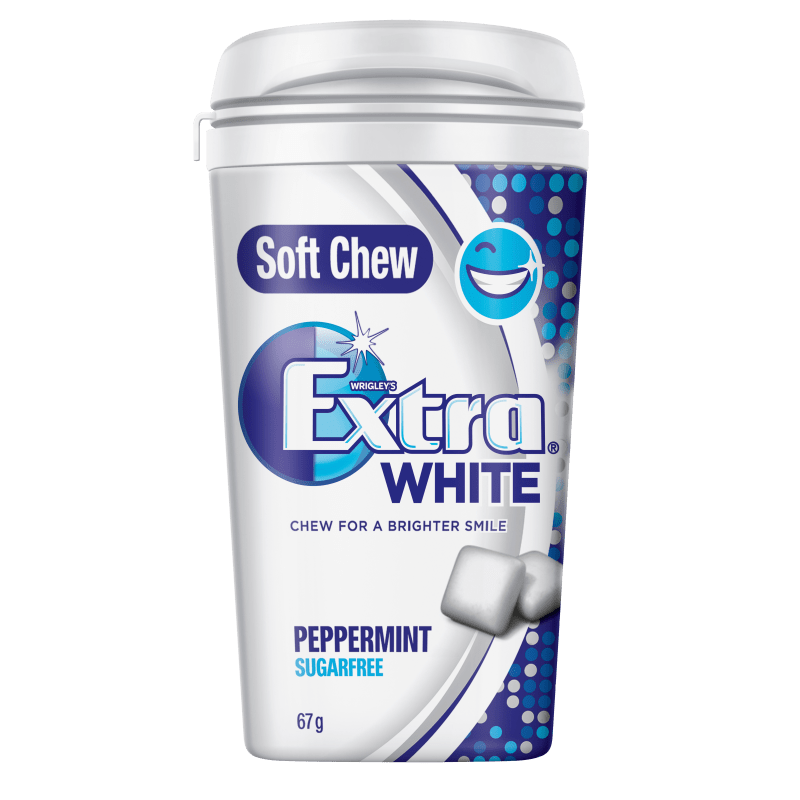 EXTRA WHITE SOFT CHEW PEPPERMINT Sugarfree Chewing Gum Bottle 67g Extra